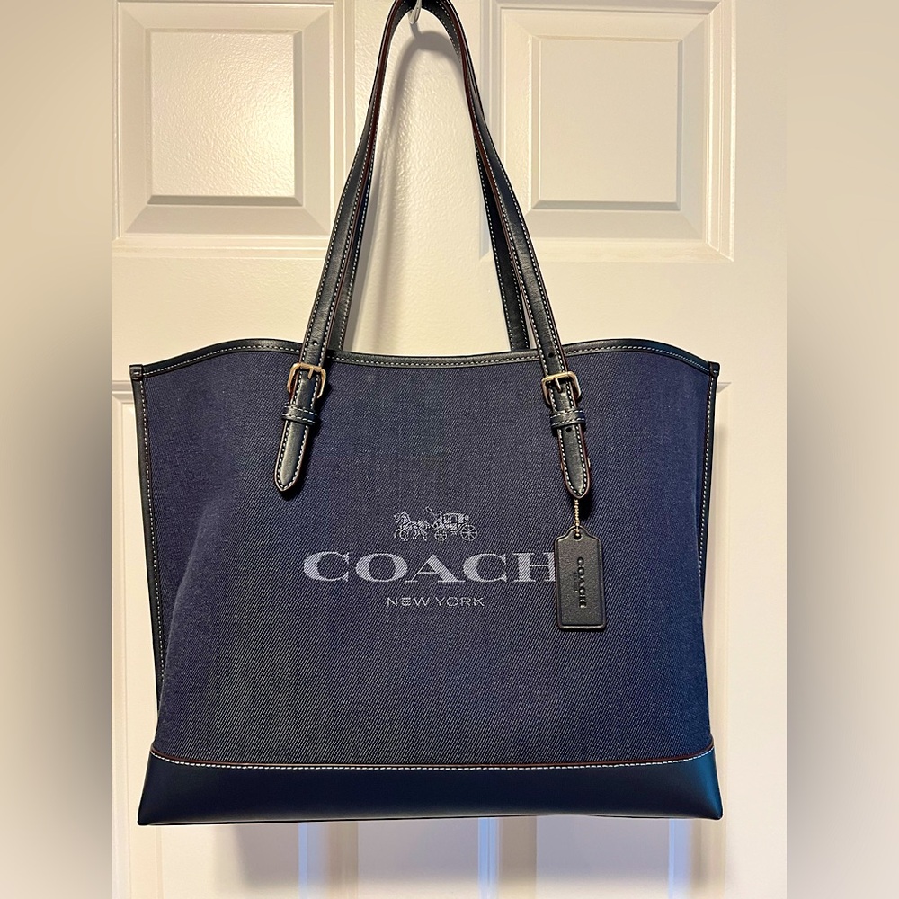 Coach denim and leather large tote bag EUC
